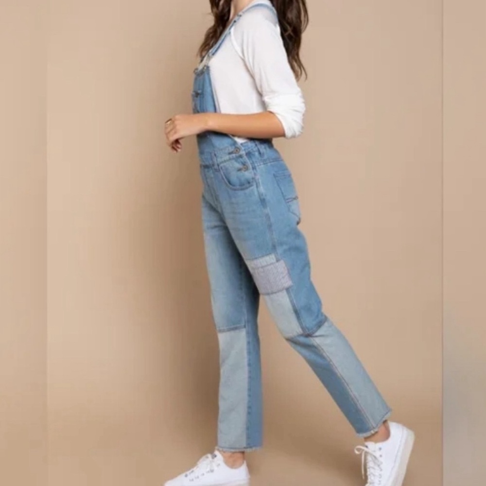 POL Slim Leg Denim Overalls With Patchwork Raw Hem 100% Cotton Size MEDIUM NEW - Picture 11 of 14